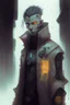 Placeholder: Cyberpunk netrunner, cybernetic eyes, standing in mists, Male, Spanish, dark art, Ivory Peach skin, cute