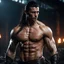 Placeholder: Shirtless Handsome alpha warrior with long dark hair pulled back in a pony tail. photorealistic. 4k. Dark Fantasy