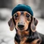 Placeholder: dachshund with a beanie hat on and a cigar in its mouth