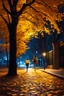 Placeholder: night yellow lights over the street trees autumn leaves under feet ,a Student adult girl with books in her hand walking in street turned back to talk to a boy walks after her few meters away her back