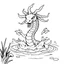 Placeholder: Make black and white cute drawing of a multi-headed hydra with black bold lines. Only outline, no grayscale. A multi-headed hydra is splashing in a magical lake.