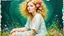 Placeholder: dark green background, abstract art complementary colours fine details , old torn worn paper, peeling, high grain, portrait of blonde woman , flowers in hair, acrylic, alcohol ink, fine drawing, A blonde woman in her 40s, with flowers woven into her loose, curly hair, sits in a whimsical, fairy-tale setting, surrounded by delicate swirling patterns reminiscent of the textures of old torn paper, in a vibrant, abstract style combining acrylic and alcohol ink techniques, with fine detailing that hi