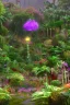 Placeholder: psychadelic garden, during a gentle rain, with large venus-flytrap in the center