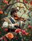 Placeholder: Gorgeous Photography Handsome Prince playing violinist in Wild garden,flower,birds surrounding,fractal ornamentation, over detailed, gloriously full and confusing, nothing that really exists, everything made up, fantasy world, sweet briar, photography graphic art, song birds, ochre rose,rose buds, dewy morning, forest of oaks