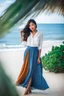 Placeholder: young lady wearing beautiful maxi blue skirt and elegant long shirt standing in beach posing to camera ,upper body shot,ships in sea ,blue sky nice clouds in background