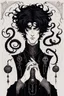 Placeholder: black haired young man necromancer wizard with gothic jewelry and tentacle fingers in the style of Aubrey Beardsley