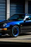 Placeholder: black porche 944 with tinted windows matte black paint and two electic blue stripes runing down the front