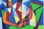 Placeholder: Cubist painting of a gary coleman sitting on a green table