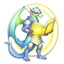 Placeholder: A dragonoid human with grey scales and large glasses along with a long, flexible tail, studying a magical shield in the shape of an octagon