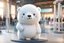 Placeholder: cute fluffy chibi ice bear on an exhibition room with stands in sunshine