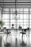 Placeholder: hyper realistic picture of a minimal industrial dining room with glass table and super modern forniture
