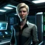 Placeholder: A well groomed corporate scientist with light stubble and short blonde hair in a spaceship lab realistic grimdark