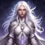 Placeholder: Generate a dungeons and dragons character full body portrait of a beautiful female cleric of peace aasimar blessed by the goddess Selune. She has white hair and is surrounded by moonlight. She has pale purple eyes. She has some white feathers hanging in the lower part of her long hair. She has a youthful, mildly round face.