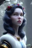 Placeholder: 4K Ultra-HD, Hyper realistic, cinematic lighting -- Snow White, short, bowl-cut black hair, blue eyes, Yellow skirt, blue blouse with short poofy sleeves, extremely pail skin, Rose pedals, wild animals, Castle, Full body image -- 4k, stunning, dramatic lighting, dramatic background, cinematic, atmospheric, very detailed, historic, powerful, octane rendering, exquisite detail, 30 - megapixel, 4k, 85 - mm - lens, sharp - focus, intricately - detailed, long exposure time, f8, ISO 100, shutter - s