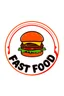 Placeholder: A circle logo designed for fast food with fast food writing and a big hamburger and fried green sausage and ketchup around with red and yellow colors suitable for fast food.