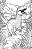 Placeholder: create a coloring page Illustrate a young T-Rex venturing out into its habitat for the first time, exploring its surroundings with curiosity. Kids can color the lush vegetation and other prehistoric creatures they encounter.ink drawing clipart, simple line illustrations, colored