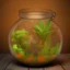 Placeholder: a glass jar terrarium filled with plants, highly detailed,red and orange out of focus background