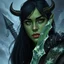 Placeholder: A digital illustration shoot from a portrait camera angle about a portrait of a young orc woman with dull green skin. In the middle of the image, a 20 years old orcish woman, appears to be looking at the viewer lost in thought. she has long black hair and is wearing armour. Fantasy, ice, magic