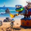 Placeholder: The robot and the moose on the beach happily making sandcastles in the sun, art by Pixar and Disney