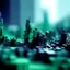 Placeholder: A striking and very out of focus 35mm photograph of a minimalist and abstract digital city. Colors are black, light blue and light green, and purple., with a heavy granular texture. The overall atmosphere of the photo is digital and modern.