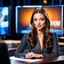 Placeholder: amodern tv studio a beautiful girl perfect face sitting next to desk in talk show looking at camera, with picture of an old man in tv screen at background