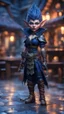 Placeholder: full figure with metallic stone gauntlets holding dark blue jagged dagger, standing on wet tiled floor outside fantasy tavern, female vampire gnome from worms armageddon wearing makeup, bokeh like f/0.8, tilt-shift lens 8k, high detail, smooth render, down-light, unreal engine, prize winning