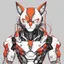 Placeholder: a technical drawing of a cybernetic manga cat man, red, white, black and Orange color