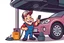 Placeholder: retro cartoon mascot of a vehicle mechanic, under a vehicle doing an oil change, in modern vector