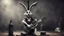 Placeholder: photorealistic deppressed dark melancholic sad Bugs bunny with blackeye deppressed doing music rock and roll dark heavy metal on a scene alcoholic, ciggaretes ciggaretes sad sad sad sad ciggarets