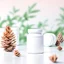 Placeholder: mockup is a white box of a medicinal product, on a background with pastel tones, cedar cones and foliage are blurred in the background Ai