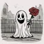 Placeholder: Vintage sheet Ghost animation, rubberhose drawing style, cute ghost with a rose alone on a street, cartoon art, hand drawn, cute horror, overexaggerated