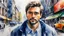 Placeholder: watercolor, portrait of a man in the city, impressionism, alcohol oil painting depicting a city, 32k resolution, hyper-detailed, fine details, fine rendering, airbrush strokes, 8k resolution concept art, hyper-detailed, complex detail