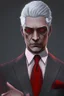 Placeholder: Realistic, red eyes, light skin, short black and gray hair, red earring, suit and tie clothing, gloves on hand