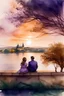 Placeholder: romantic, city panorama vienna, charakterictic architecture, watercolor, two people on bench, sunset, river, big tree, purple, proposal in park