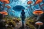 Placeholder: Woman in an Android suit, Walking Through Alien Mushrooms With Jellyfish Tentacles, Floating Through An Alien Forest, Floor and walls Covered In Mushrooms, Photorealistic, Deep Colour, Intricate Detail, Sunshine, Blue Sky