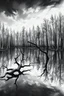 Placeholder: Scary surreal black and white distorted painting of thousands of trees reflecting in a scary lake with distorted reflections in the water with twisted trees dying in the water.