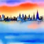 Placeholder: City skyline across the water at sunset watercolor