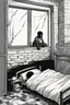 Placeholder: A scared black child lurking scarely over the edge of his bed. His bed is balanced on bricks at all four corners, under the bed is a small, mischievous spirit