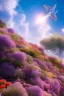 Placeholder: digital illustration, a world full of life divine thrill of biological tranquil sky, flowers, spaceship, , bright color splashes, high detailed 8 k