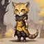 Placeholder: Abizah is a female khajiit with tan fur with brown spots and dressed in a commoners sleeveless leather dress in yellow dark yellow and gray, in chibi art style, background outside