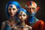 Placeholder: { mature woman, young man, little girl } with { red, blue, amber} skin looks like an alien, long neck, ear like bat wings, big eyes, beautiful, little hair, royal with jewlery, photorealistic, elongated head, skin decorations --v 6