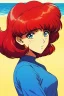 Placeholder: 1girl, retro anime, 80's, redhead,portrait, synth-wave colors, beach
