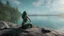 Placeholder: woman sitting on a rock, in a lake, green mottled skin, green hair, blue sky, white clouds