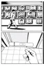 Placeholder: uncolored comic book page: top panel(ban walking past a display of televisions on which a bulletin of wanted criminals mugshots appears), bottom panel(pov a woman's hand holding a pregnancy test that shows a positive result, tile floor below), panels divided at an angle