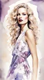 Placeholder: In this striking artwork, a gorgeous supermodel takes the center stage. Her long, curly hair cascades with vibrant colors, forming a mesmerizing contrast against her stunning purple lips. Dressed in a white floral sleeveless Maxi dress, she exudes an elegant and feminine aura. This captivating image, a watercolor and pencil drawing, showcases exceptional attention to detail and impeccable artistry. The intricate brushstrokes and precise lines capture the model's grace and beauty flawlessly, maki