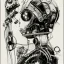 Placeholder: great illustrator, spanish, pencil sketch of a cute girl, beautiful, steampunk syle, black and white. Helmet with tubes. venetian dress. Machinery in the background. robotic bird fkying. High details.