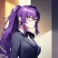 Placeholder: girl, masterpiece, best quality, volumetric lighting, detailed outfit, perfect eyes, vibrant colors, purple hair, long hair, vibrant golden eyes, office clothes, black glasses, messy hair, beautiful eyelashes, ponytail,