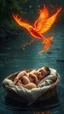 Placeholder: A baby sleeping in side a basket bed that is floating in the river and an beautiful fiery with sparkling wings flying over him