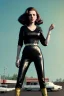 Placeholder: retro portrait image from 1960, supermarket parking explosion, long hair, young Scarlett Johansson, classic black tight lycra suit, gold bracelet and belt, high heel boots, soft color, highly detailed, unreal engine 5, ray tracing, RTX, lumen lighting, ultra detail, volumetric lighting, 3d, finely drawn, high definition, high resolution.