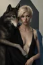 Placeholder: ultra realistic photograph of a very thin young woman with short blonde hair and blue eyes wearing a loose black teeshirt standing next to a black wolf